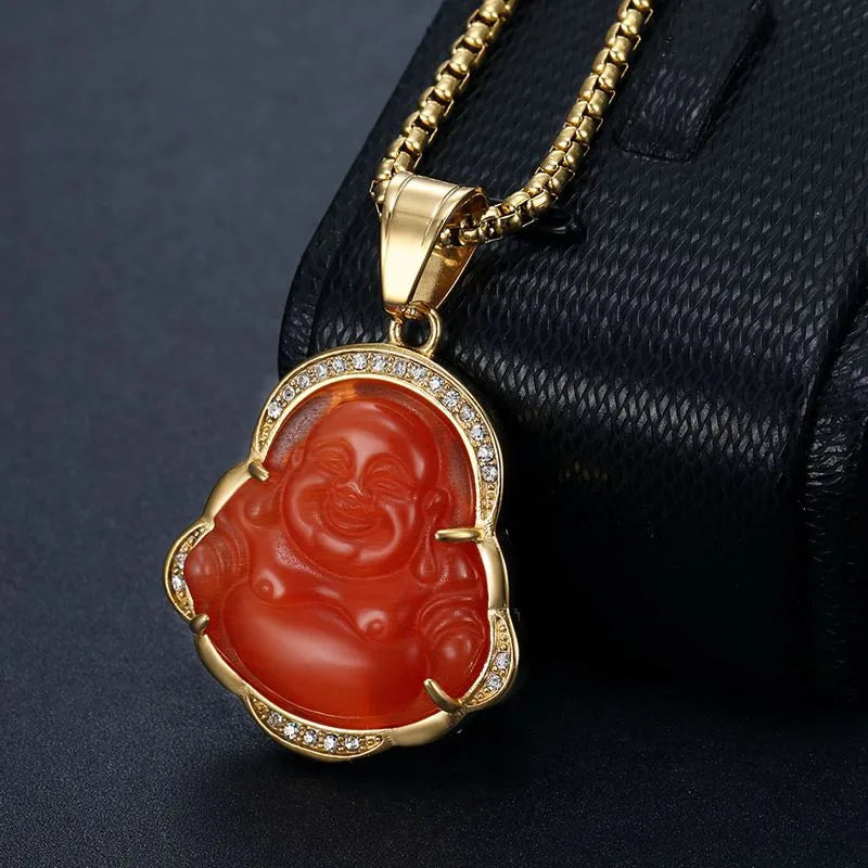 Ethnic Style Buddha Stainless Steel Inlay Rhinestones Opal Pendant Necklace 1 Piece