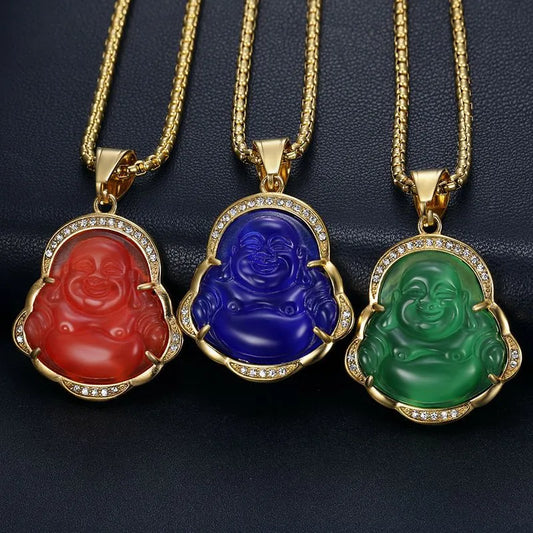 Ethnic Style Buddha Stainless Steel Inlay Rhinestones Opal Pendant Necklace 1 Piece