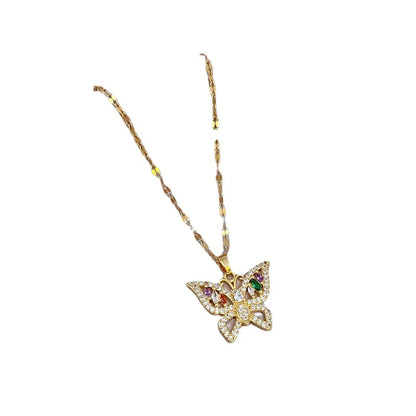 Ethnic Style Butterfly Titanium Steel Copper Inlay Zircon Pendant Necklace