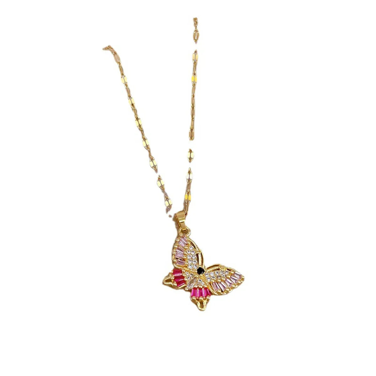 Ethnic Style Butterfly Titanium Steel Copper Inlay Zircon Pendant Necklace