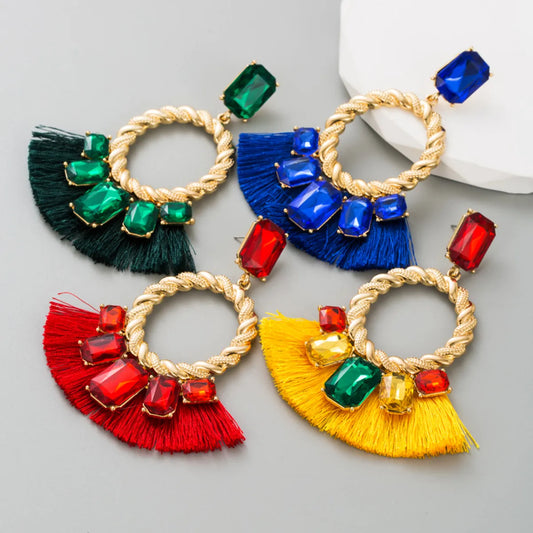 Ethnic Style Circle Sector Alloy Tassel Rhinestones Women's Drop Earrings 1 Pair