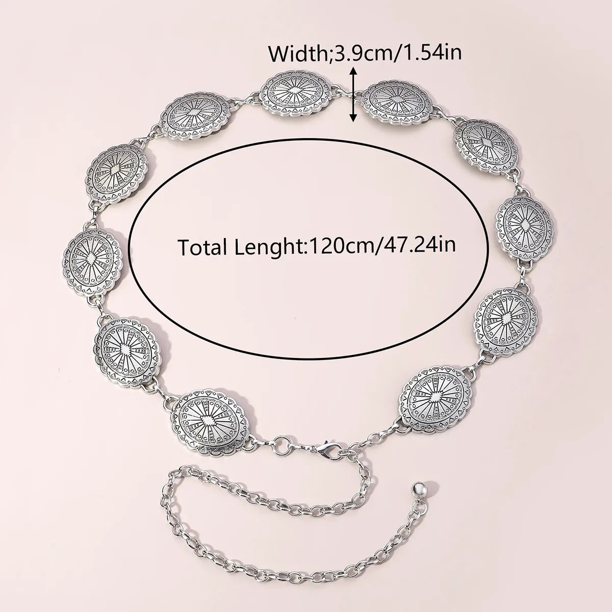 Ethnic Style Classic Style Korean Style Oval Carving Zinc Alloy Silver Plated Women's Waist Chain