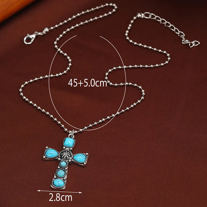 Ethnic Style Cross Alloy Inlay Turquoise Silver Plated Pendant Necklace