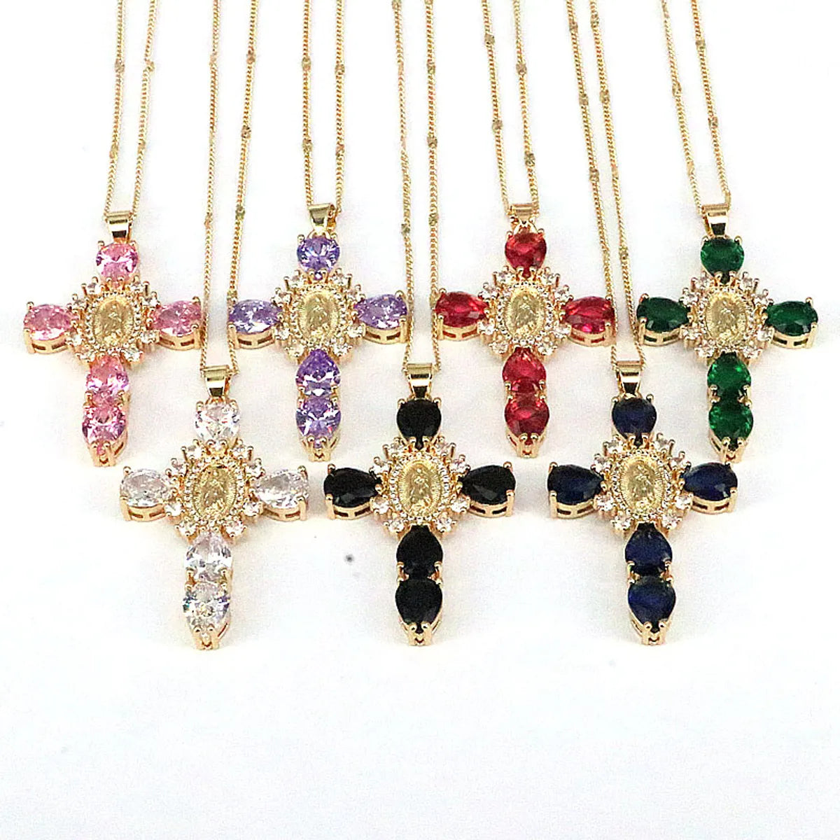 Ethnic Style Cross Copper Gold Plated Inlay Zircon Pendant Necklace 1 Piece