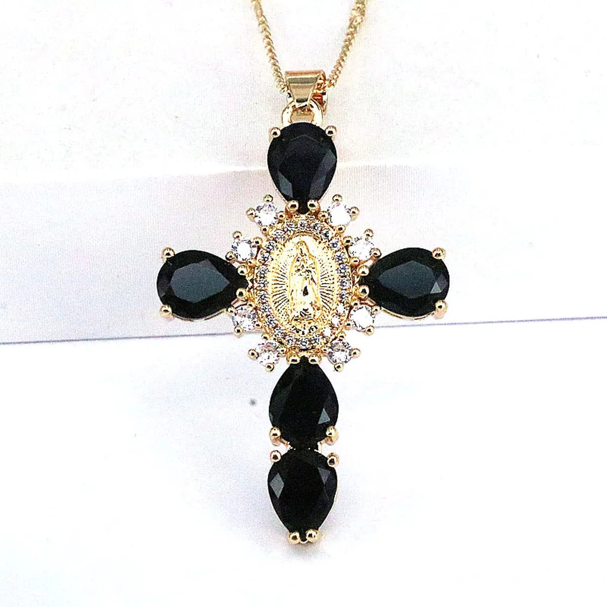 Ethnic Style Cross Copper Gold Plated Inlay Zircon Pendant Necklace 1 Piece