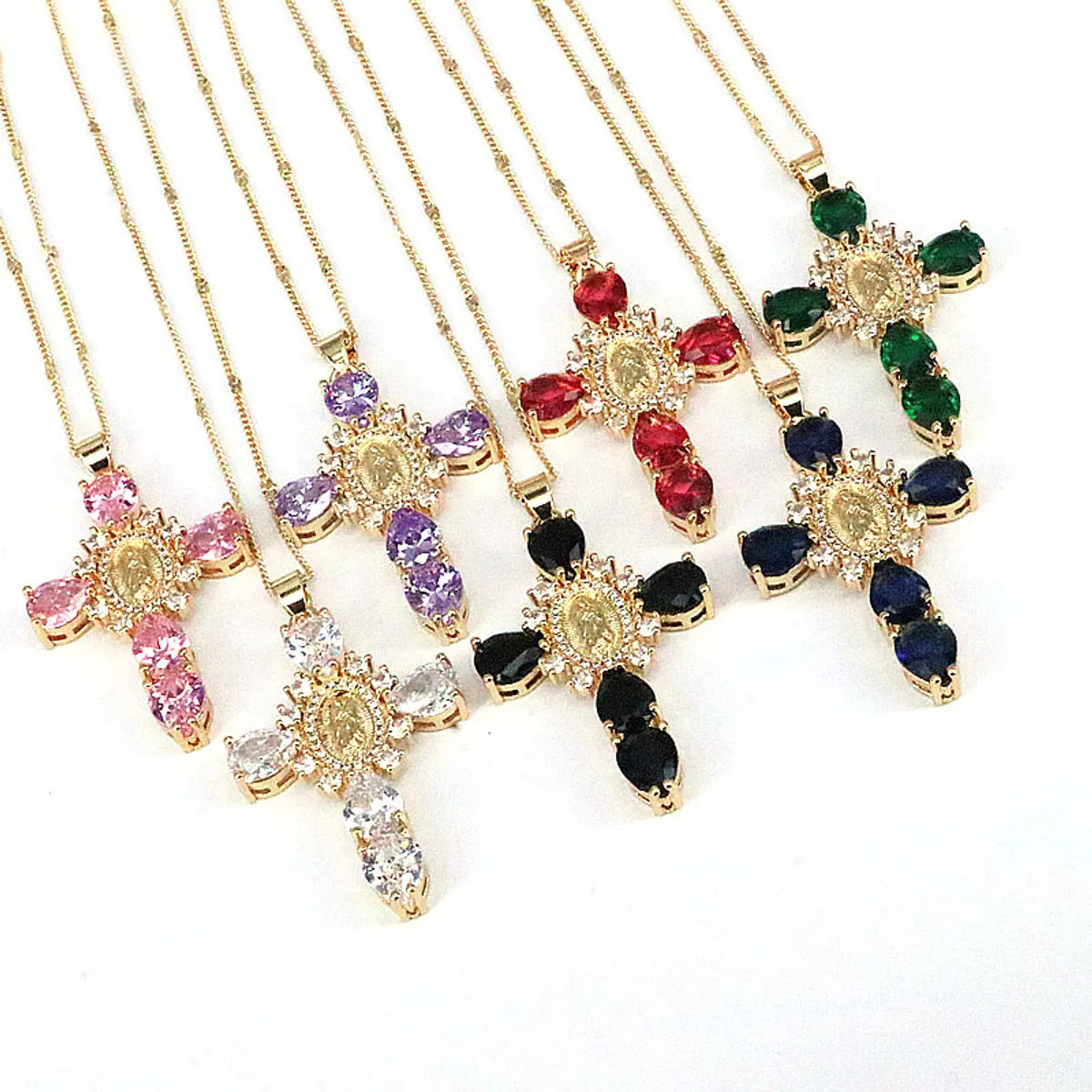 Ethnic Style Cross Copper Gold Plated Inlay Zircon Pendant Necklace 1 Piece