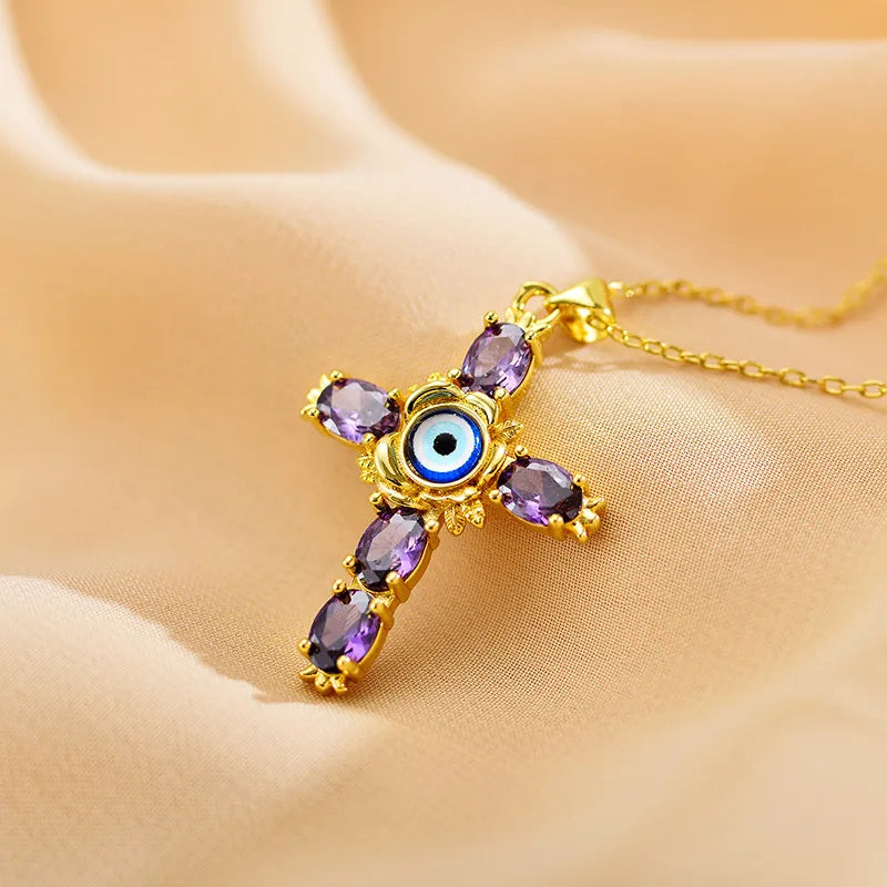 Ethnic Style Cross Eye Alloy Copper Inlay Zircon Gold Plated Necklace