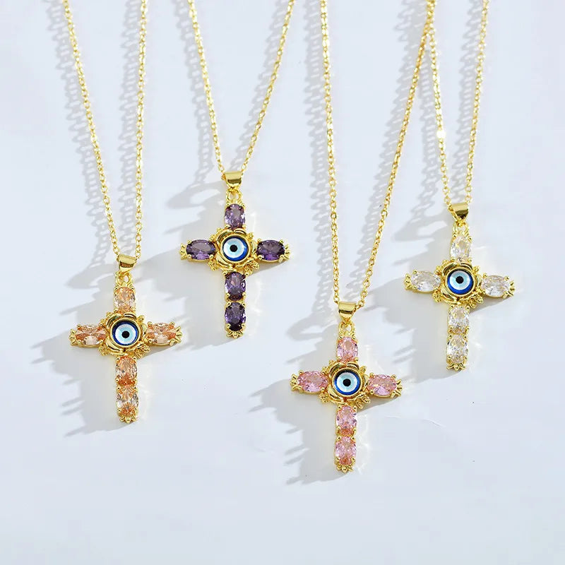 Ethnic Style Cross Eye Alloy Copper Inlay Zircon Gold Plated Necklace