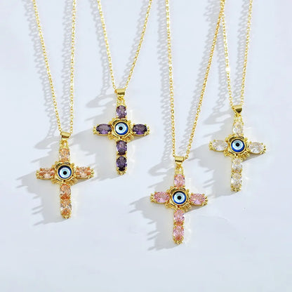 Ethnic Style Cross Eye Alloy Copper Inlay Zircon Gold Plated Necklace