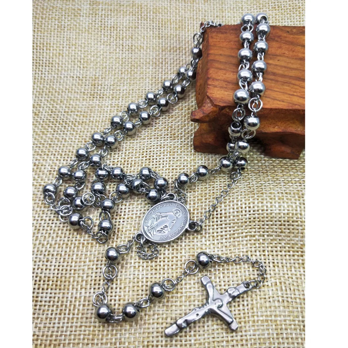 Ethnic Style Cross Stainless Steel Beaded Pendant Necklace