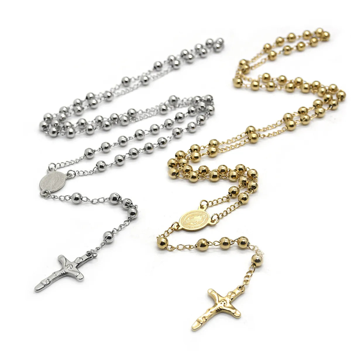 Ethnic Style Cross Stainless Steel Beaded Pendant Necklace