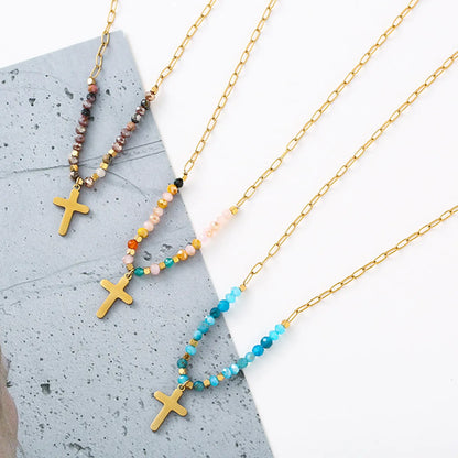 Ethnic Style Cross Stainless Steel Beaded Plating 14k Gold Plated Pendant Necklace