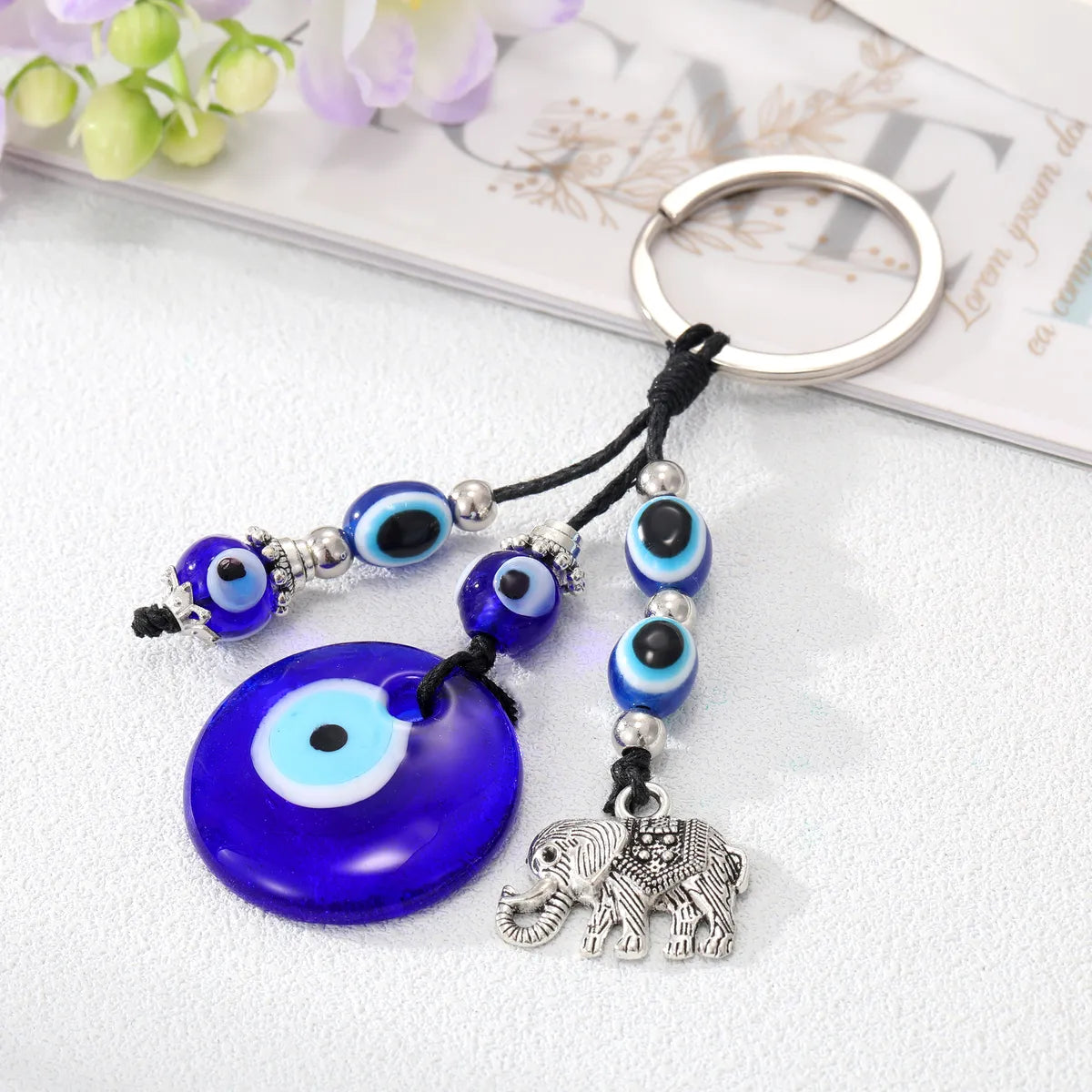 Ethnic Style Devil'S Eye Elephant Glass Carving Glass Bead Bag Pendant Keychain 1 Piece