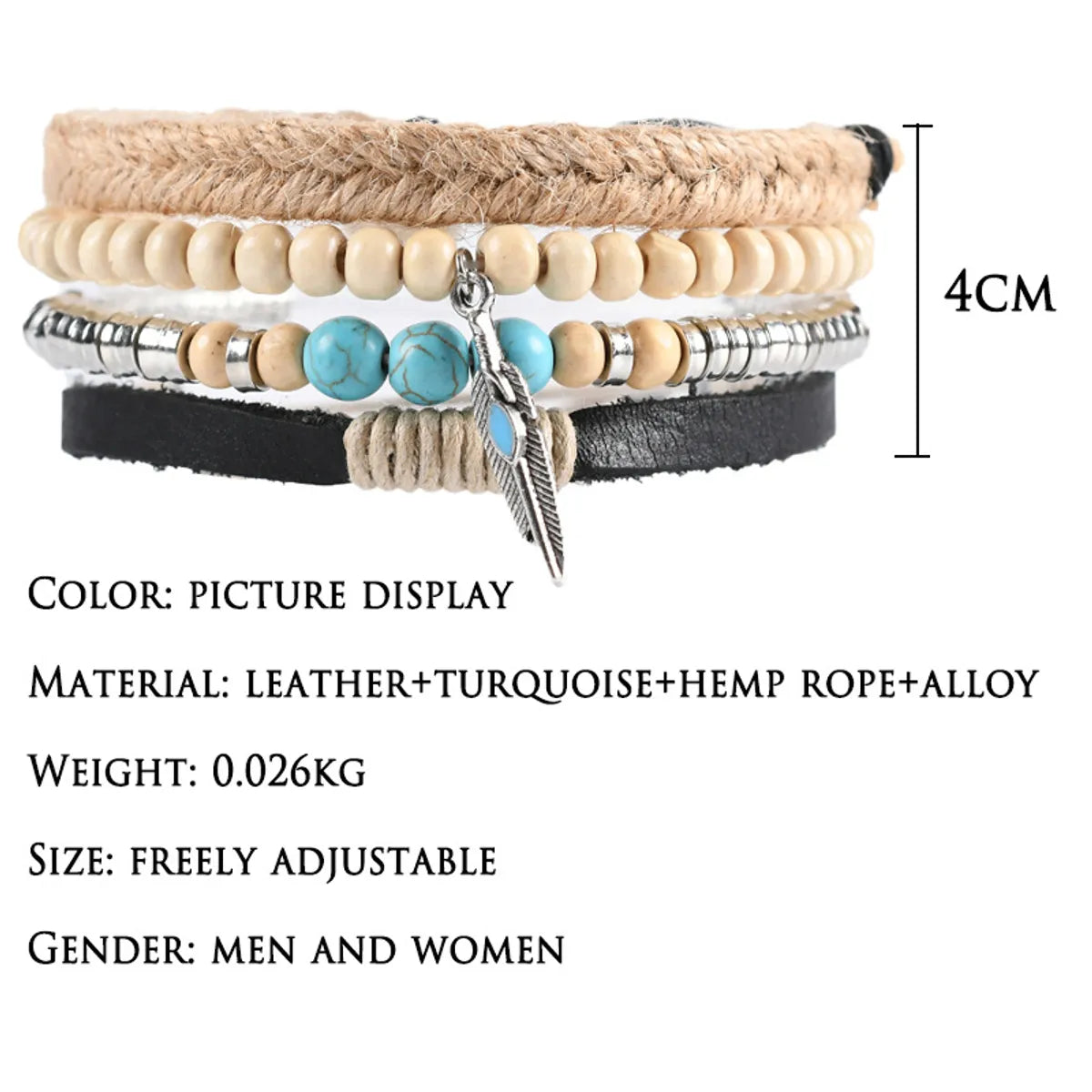 Ethnic Style Feather Pu Leather Cloth Turquoise Beaded Men'S Bracelets