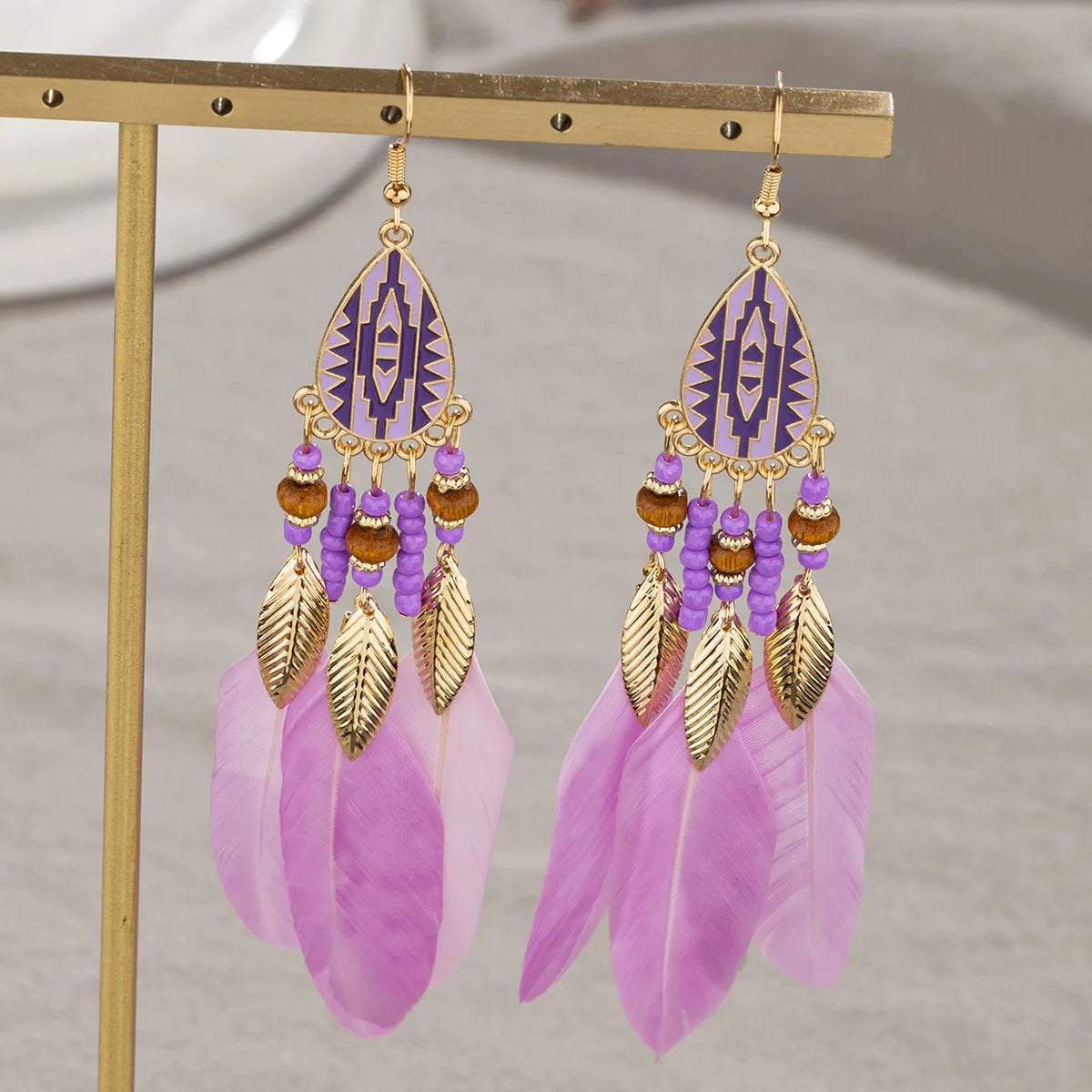 Ethnic Style Geometric Feather Tassel Plating Women'S Drop Earrings 1 Pair