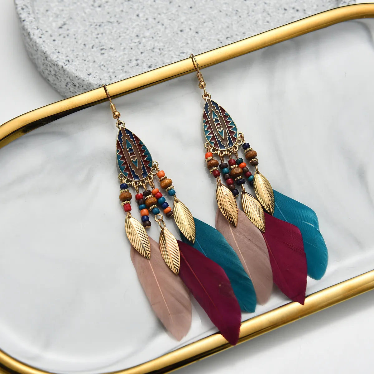 Ethnic Style Geometric Feather Tassel Plating Women'S Drop Earrings 1 Pair