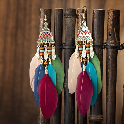 Ethnic Style Geometric Feather Tassel Plating Women'S Drop Earrings 1 Pair