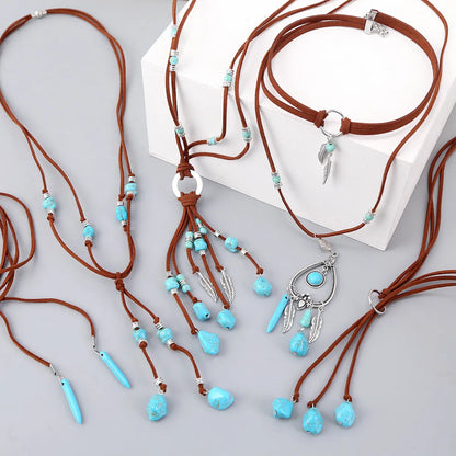 Ethnic Style Geometric Water Droplets Turquoise Metal Earrings Necklace