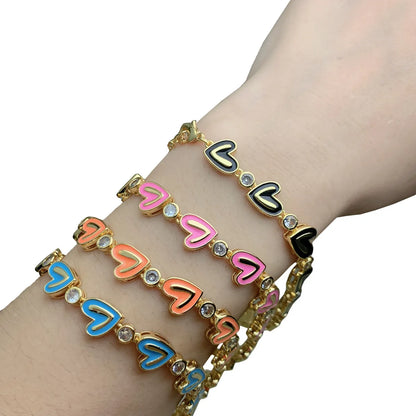 Ethnic Style Heart Shape Copper Enamel Plating Inlay Zircon Bracelets 1 Piece