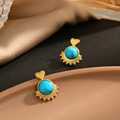 Ethnic Style Heart Shape Stainless Steel Inlay Turquoise Drop Earrings 1 Pair