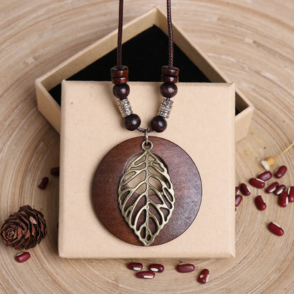 Ethnic Style Leaf Owl Flower Wood Wholesale Pendant Necklace