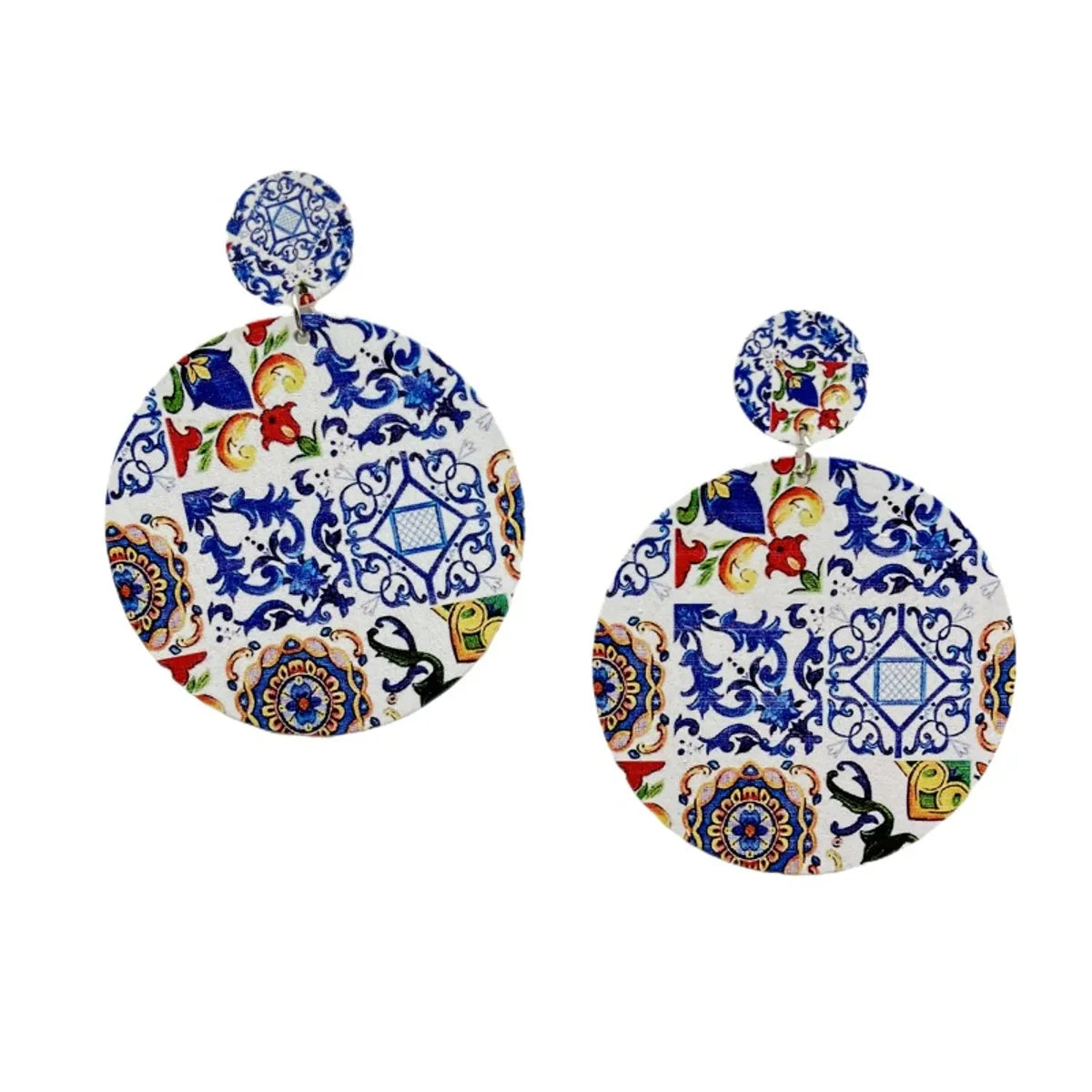 Ethnic Style Printing Round Wood Stoving Varnish Women's Drop Earrings 1 Pair