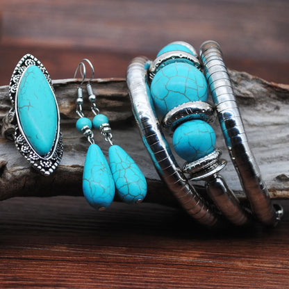 Ethnic Style Round Metal Inlay Turquoise Women'S Jewelry Set