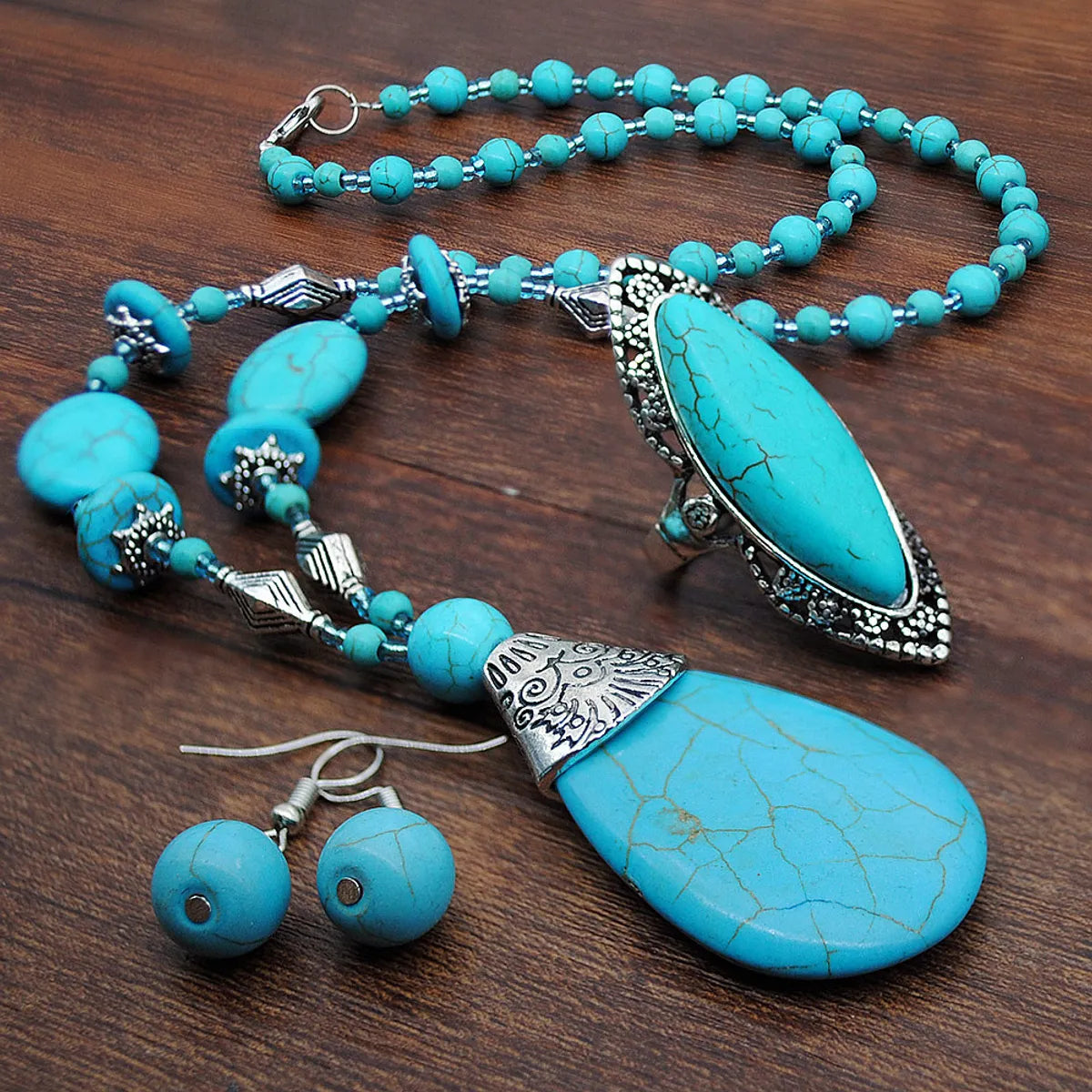 Ethnic Style Round Metal Inlay Turquoise Women'S Jewelry Set