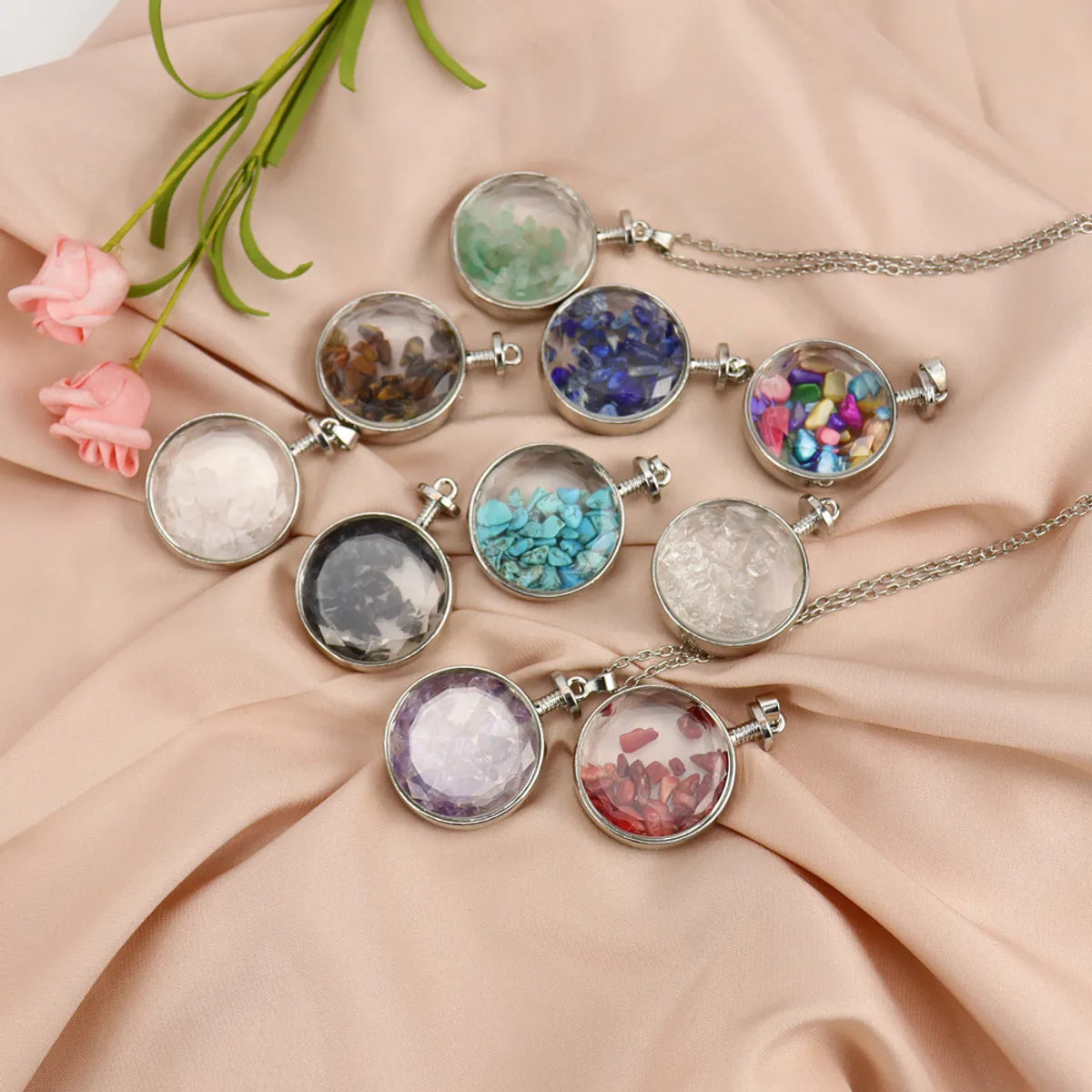 Ethnic Style Round Natural Stone Pendant Necklace In Bulk