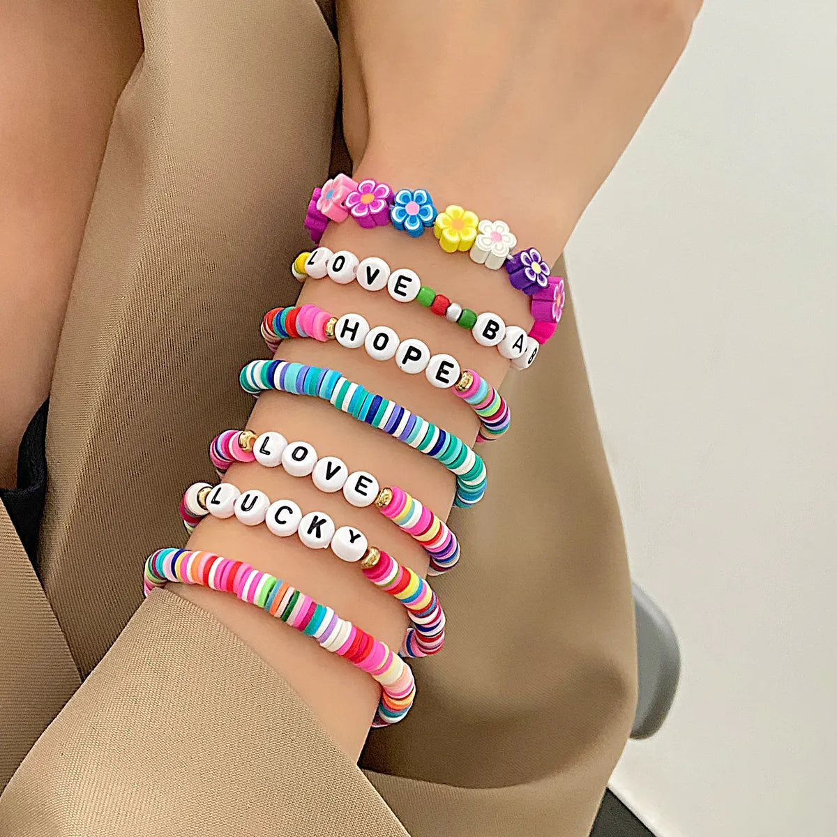 Ethnic Style Simple Style Letter Colorful Flower Beaded Soft Clay Wholesale Bracelets