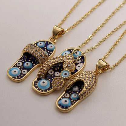 Ethnic Style Slippers Eye Copper Inlay Zircon 18k Gold Plated Pendant Necklace