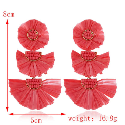 Ethnic Style Solid Color Flower Beaded Alloy Raffia Women's Drop Earrings 1 Pair