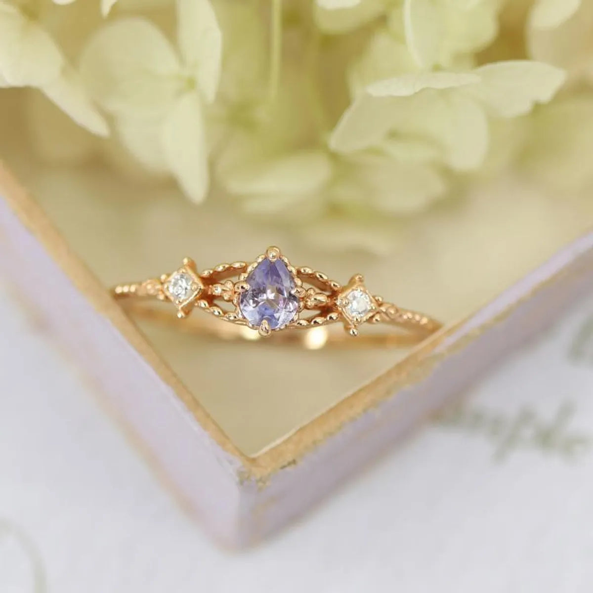 Ethnic Style Square Water Droplets Copper Inlay Tanzanite Zircon Rings