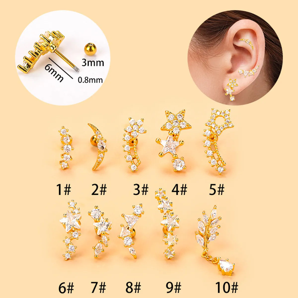 Ethnic Style Star Metal Plating Zircon Ear Studs 1 Piece