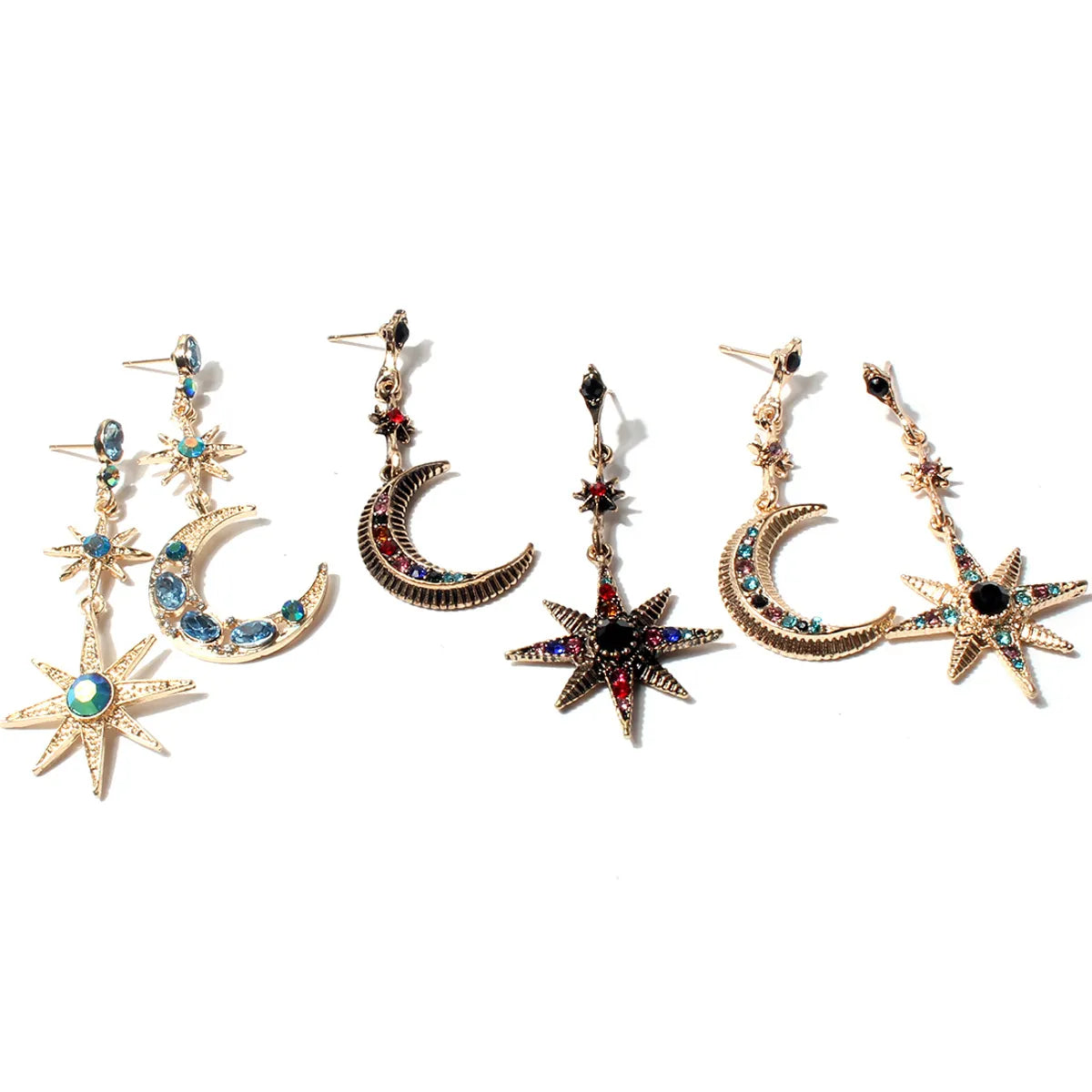 Ethnic Style Star Moon Alloy Inlay Turquoise Rhinestones Drop Earrings