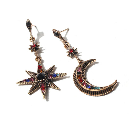 Ethnic Style Star Moon Alloy Inlay Turquoise Rhinestones Drop Earrings