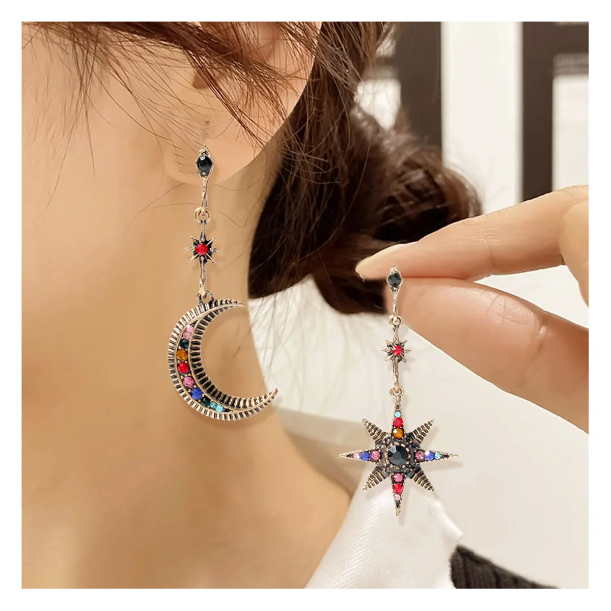 Ethnic Style Star Moon Alloy Inlay Turquoise Rhinestones Drop Earrings