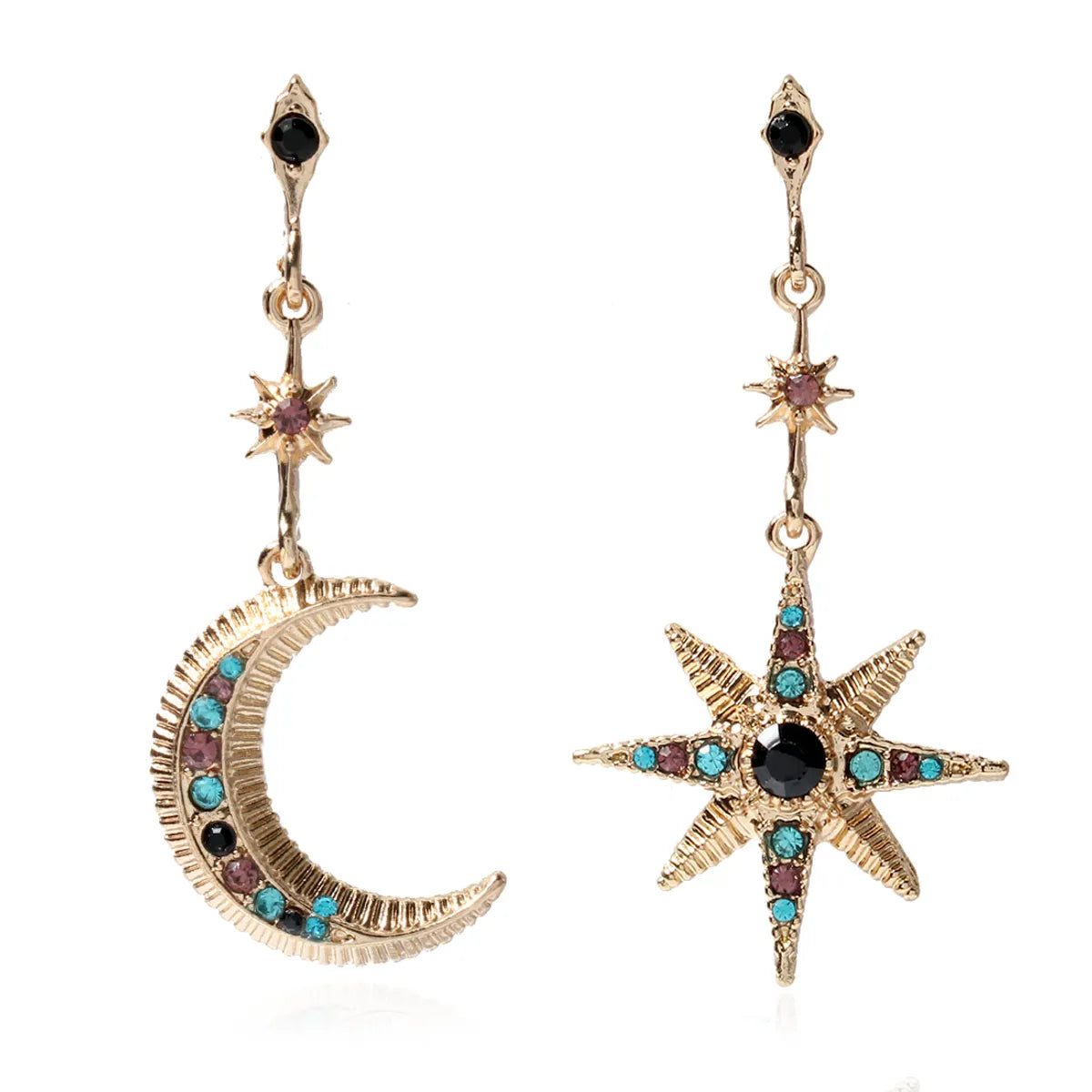 Ethnic Style Star Moon Alloy Inlay Turquoise Rhinestones Drop Earrings