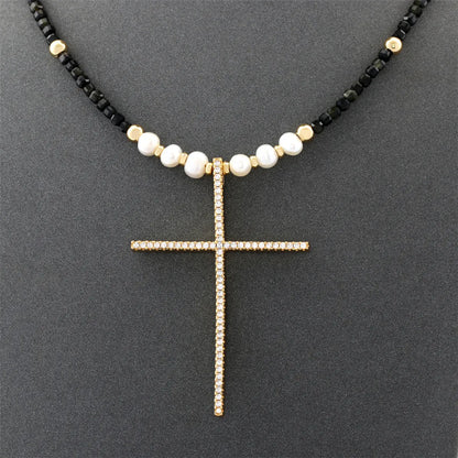 Ethnic Style Streetwear Cross Freshwater Pearl Beaded Plating Inlay Zircon Pendant Necklace