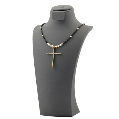 Ethnic Style Streetwear Cross Freshwater Pearl Beaded Plating Inlay Zircon Pendant Necklace