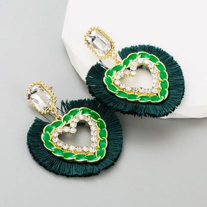 Ethnic Style Tassel Heart Shape Alloy Rhinestone Women's Drop Earrings 1 Pair