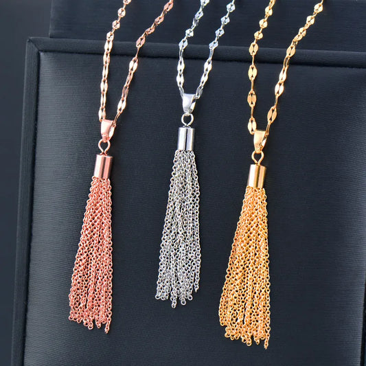 Ethnic Style Tassel Titanium Steel Inlaid Gold Pendant Necklace 1 Piece