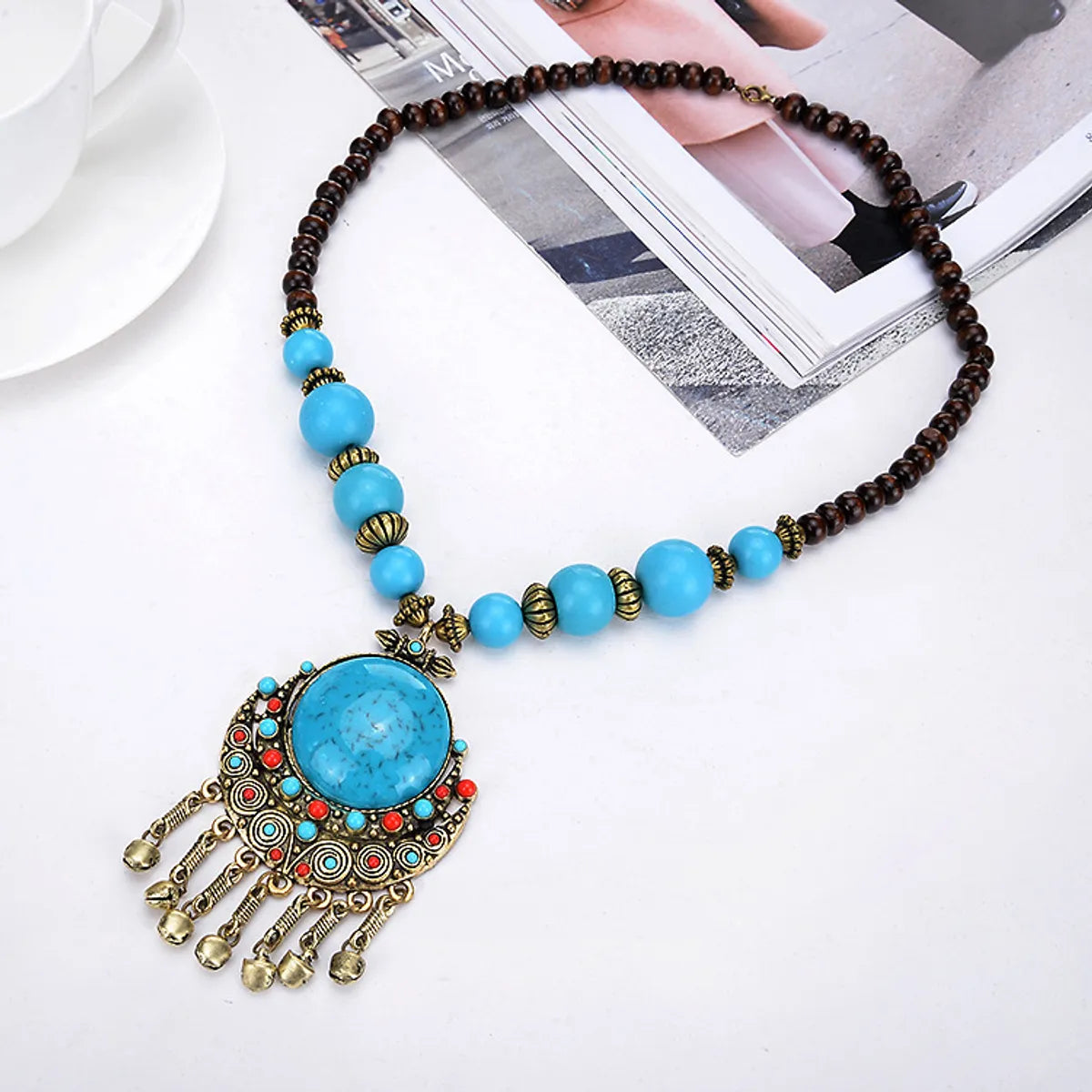 Ethnic Style Water Droplets Alloy Beaded Tassel Inlay Resin Women'S Pendant Necklace Long Necklace