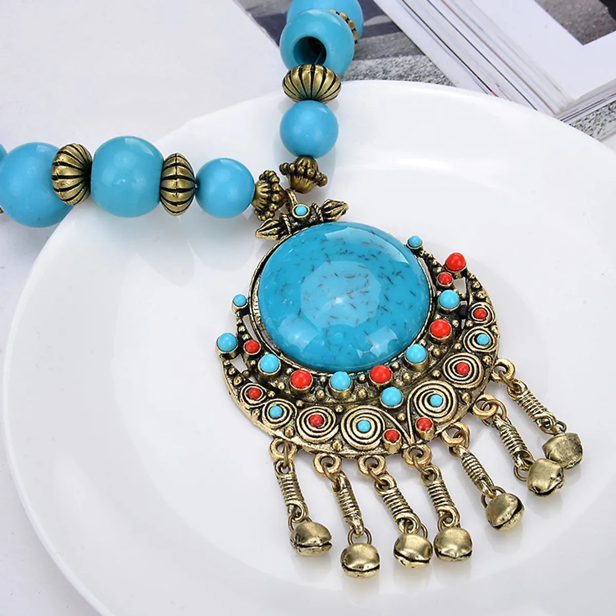 Ethnic Style Water Droplets Alloy Beaded Tassel Inlay Resin Women'S Pendant Necklace Long Necklace