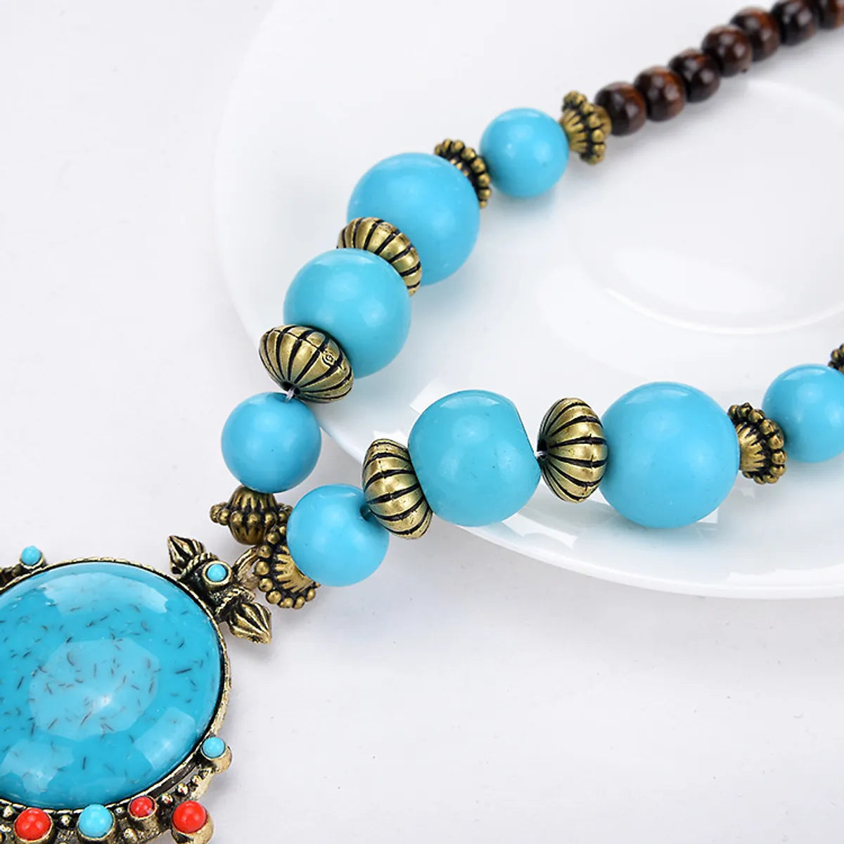 Ethnic Style Water Droplets Alloy Beaded Tassel Inlay Resin Women'S Pendant Necklace Long Necklace