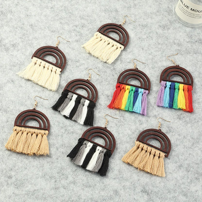 Ethnic Style Wooden Rainbow Tassel Cotton Earrings Wholesale Nihaojewelry