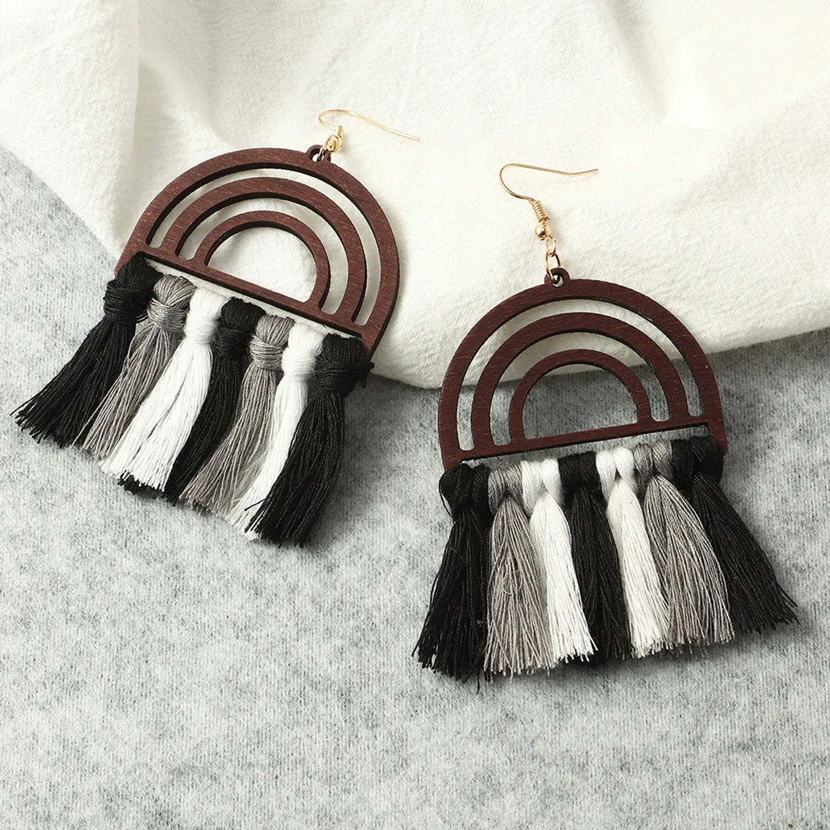 Ethnic Style Wooden Rainbow Tassel Cotton Earrings Wholesale Nihaojewelry