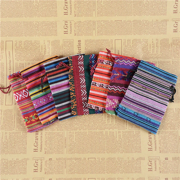 Ethnic style Striped Cotton Cloth Bucket Pocket Drawstring Beads Bracelet Play Packaging Bag Sachet Bag