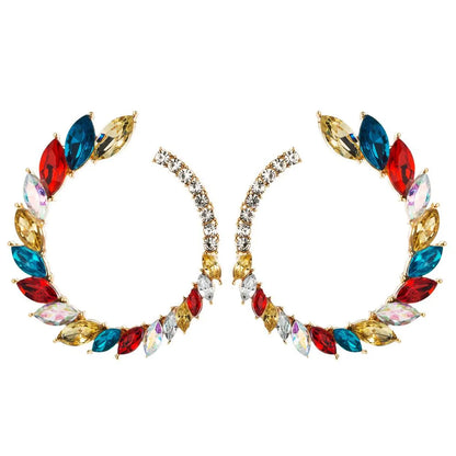 Europe And The United States Selling Retro Inlaid Colorful Rhinestone Earrings Female Exaggerated Large Circle Earrings Set Luxury Super Flash C-shaped Stud Earrings