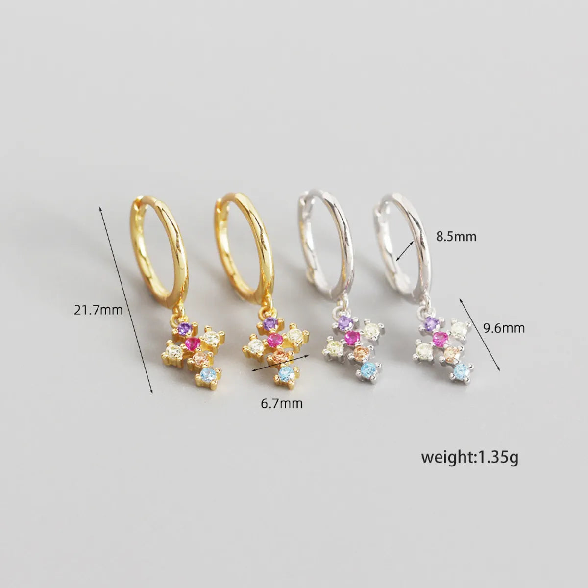 Yhe0261 European And American Entry Lux Colorful Crystals S925 Sterling Silver Ins French Cross Diamond Gold Ear Clip Ear Studs Women